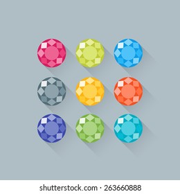 Flat icons set with long shadows. Nine round precious gems. Vector elements