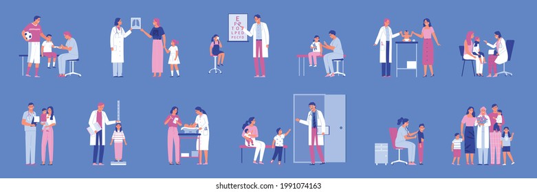 Flat icons set with male and female pediatricians doing medical examination of children and babies isolated on color background vector illustration