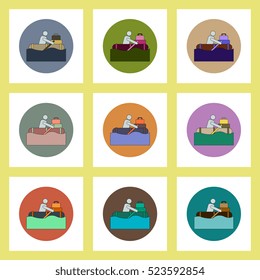 flat icons set of man on raft in flood concept on colorful circles