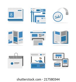 Flat icons set of marketing campaign development, creative product promotion, print advertising materials. Flat design style modern vector illustration concept. Isolated on white background.