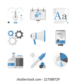 Flat icons set of marketing campaign development, creative product promotion, outdoor billboard advertisement. Flat design style modern vector illustration concept. Isolated on white background.