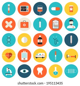 Flat Icons Set Of Medical Tools And Healthcare Equipment, Science Research And Health Treatment Service. Modern Design Style Symbol Collection. Isolated On White Background.