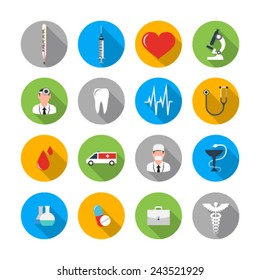 Flat icons set of medical tools and healthcare equipment, science research and health treatment service. Modern design style symbol collection. Isolated on white background.