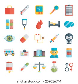 Flat icons set of medical tools and healthcare equipment, science research and health treatment service. Modern design style symbol collection.