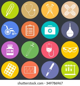Flat icons set of medical tools and health equipment, science research and health treatment service. Modern design style symbol collection. Isolated on dark background.