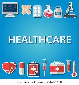 Flat icons set of medical tools and healthcare equipment, science research and health treatment service. Modern design style symbol collection. text area