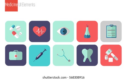  Flat icons set of medical tools and health care equipment, 
science research and health treatment service. Pharmacy symbol sign vector illustration. Healthcare and medical icons