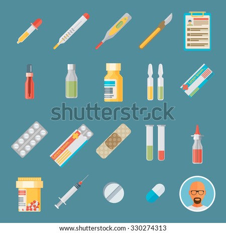 Flat icons set of medical tools and health care equipment