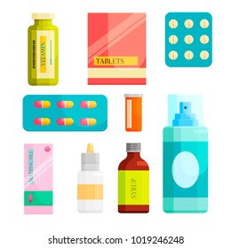 Flat icons set of medicines and packages from drugs vector illustration