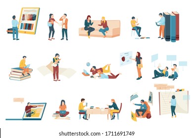 Flat icons set with modern students studying with books and different gadgets isolated vector illustration