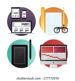 Flat icons set modern vector illustration concept of digital tablet, mobile phone and computer with web, graphic and video design process development. Isolated on white background