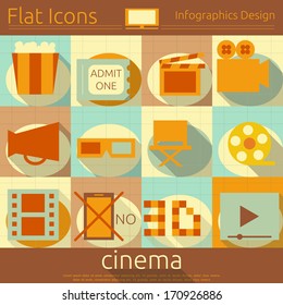 Flat Icons Set - Movie in Retro Style - Infographics Design. Vector Illustrations 