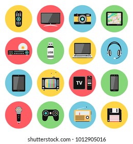 Flat icons set of multimedia and technology devices, audio and video items and objects. Vector illustration.