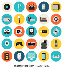 Flat icons set of multimedia and technology devices, sound instruments, audio and video items and objects. Modern design style vector symbol collection. Isolated on white background.  