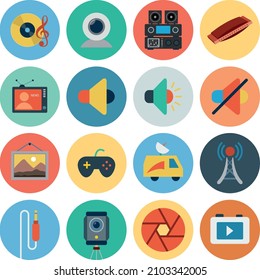 Flat icons set of multimedia and technology devices, sound instruments, audio and video items and objects. Modern design style vector symbol collection. Isolated on white background.