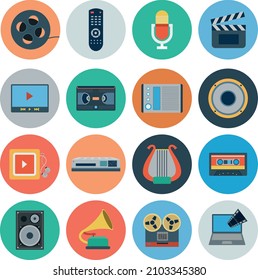 Flat icons set of multimedia and technology devices, sound instruments, audio and video items and objects. Modern design style vector symbol collection. Isolated on white background.