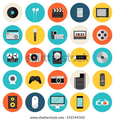 Flat icons set of multimedia and technology devices, sound instruments, audio and video items and objects. Modern design style vector symbol collection. Isolated on white background.  