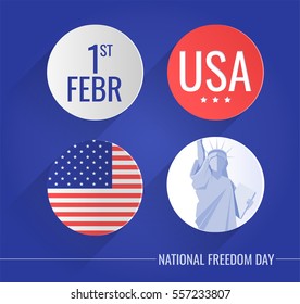 Flat icons set for National freedom day USA the 1st of february. Design with Statue of Liberty and american flag.