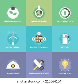 Flat icons set of natural renewable and clean energy, green technology innovation and chemistry, bio fuel and waste reduction efficiency. Modern design style vector illustration concept.