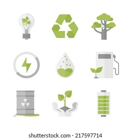 Flat icons set of nature renewable energy, ecology protection and recycling, green innovation and technology, waste reduction. Flat design style modern vector illustration concept.