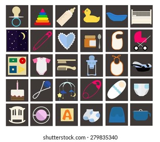 Flat icons set of necessary items for newborn baby.