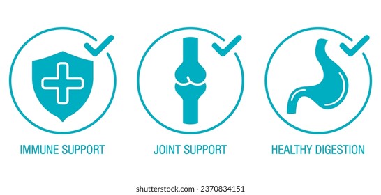 Flat Icons set for Nutrient Supplement - Immune and Joint Support, Healthy Digestion