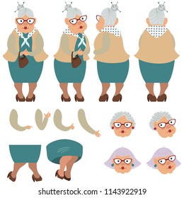 Flat icons set of old lady with bag. Views, poses and hairstyles collection. Senior woman concept. Vector illustration can be used for topics like healthcare, medicine, ageing, retirement.