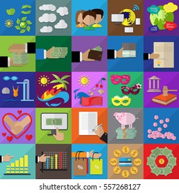 Flat Icons Set On Background.Vector Illustration,Graphic Design.Collection Of Cash,Pay,Bill And Finance Dollar Symbols.For Web Site,Print,Templates,App,Mobile Applications And Promotional Materials  