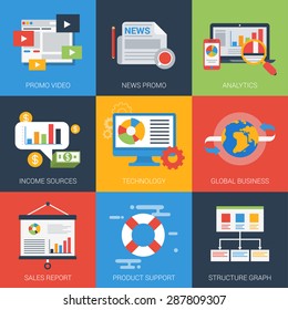 Flat icons set online digital business promotion campaign analytics report support sales structure graph income sources. Web click infographics style vector illustration concept collection.