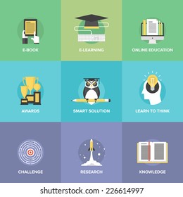 Flat icons set of online education, smart ideas and thinking symbol, electronic learning process, awards winning, knowledge and wisdom elements. Modern design style vector illustration concept.