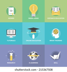 Flat icons set of online learning, brain training game, internet tutorials, smart ideas and thinking, electronic education process, studying new skills. Modern design style vector illustration concept