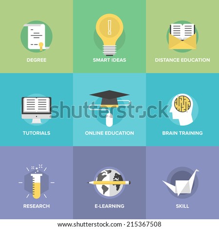 Flat icons set of online learning, brain training game, internet tutorials, smart ideas and thinking, electronic education process, studying new skills. Modern design style vector illustration concept