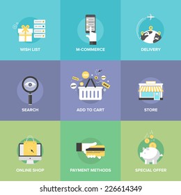 Flat icons set of online shopping services, e-commerce checkout payments, add to cart elements, worldwide delivery, web commerce search optimization. Flat design modern vector illustration concept.