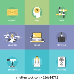 Flat icons set of organization planning process, business strategic vision and tactics, team building and developing solution for creative project. Flat design style modern vector illustration concept