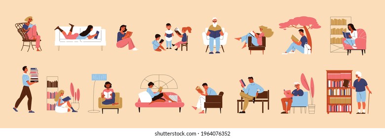 Flat icons set with people of different age reading books at home library outdoors isolated on color background vector illustration
