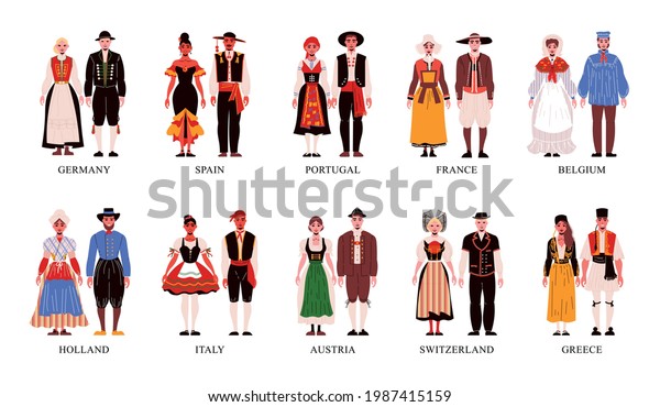 Flat icons set with\
people from different european countries in national clothes\
isolated vector\
illustration