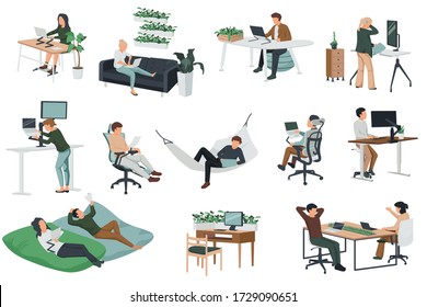 Flat icons set with people and their contemporary workspace isolated on white background vector illustration
