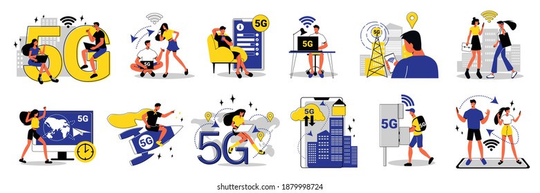 Flat icons set with people using 5g internet at home work and outdoors isolated vector illustration