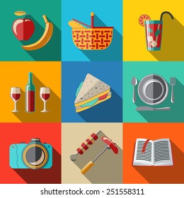 Flat icons set - picnic - basket, plate with spoon, sandwich, photo camera, wine, glass with cocktail, apple and banana, BBQ, book. Vector