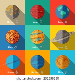 Flat icons set - planets with names and astronomical symbols - mercury, venus, earth, mars, jupiter, saturn, uranus, neptune, pluto. Vector