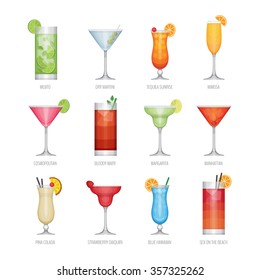 Iconos planos conjunto de cócteles de alcohol populares. Estilo de diseño plano, ilustración vectorial.