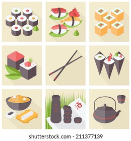 Flat icons set of popular asian healthy food, sushi rolls and rice meal, stylish traditional serving, japanese green tea. Flat design style modern vector illustration concept.