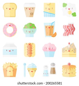 Flat icons set of popular food in cute modern kawaii style. Flat design stylish vector illustration symbol collection. Isolated on white background.  