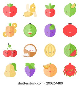 Flat icons set of popular tasty fruits in cute modern kawaii style. Flat design stylish vector illustration symbol collection. Isolated on white background.  