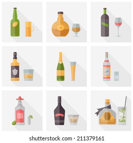 Flat icons set of popular various alcoholic beverages with glasses. Flat design style vector illustration symbol collection. Isolated on white background.  