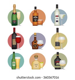 Flat icons set of popular various alcoholic beverages with glasses. Flat design style, vector illustration.