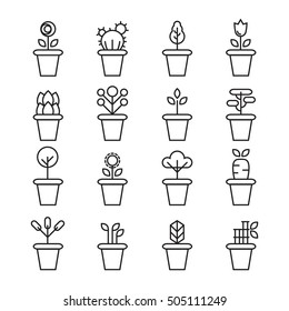 Flat icons set of pot plants garden
