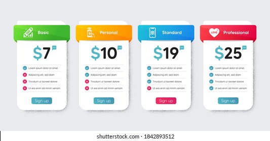 Flat icons set. Price table chart, business plan template. Included icon as Phone payment, Augmented reality, Edit statistics signs. Love flat icons. Mobile pay, Phone simulation, Seo manage. Vector
