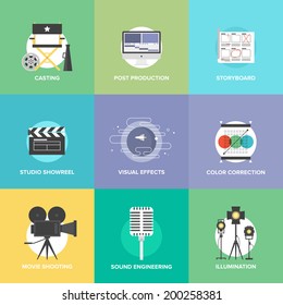 Flat Icons Set Of Professional Film Production, Movie Shooting, Studio Showreel, Actor Casting, Storyboard Writing, Visual Effects, Post Production. Flat Design Modern Vector Illustration Concept.