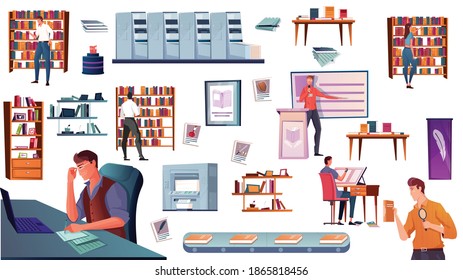Flat icons set with publishing house equipment shelves with books book shop writer customer isolated vector illustration